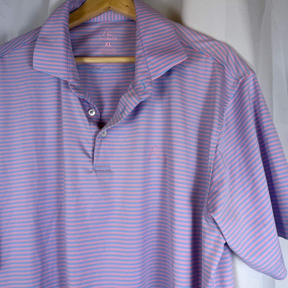 Rhoback Mens XL Performance Polo Shirt Pink Blue Striped Golf Short Sleeve